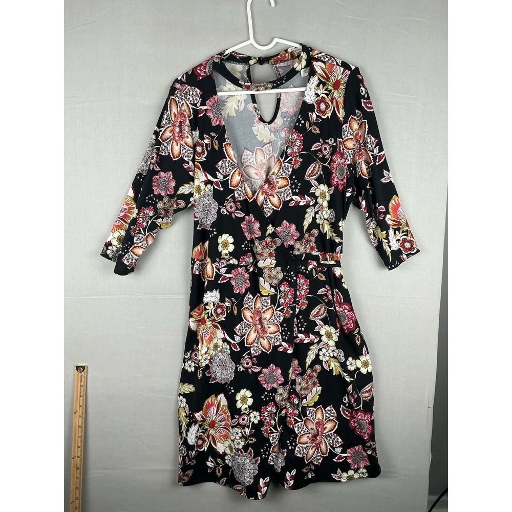 Lilian Dress Womens 3X Black Floral Faux Wrap 3/4‎ Sleeve Knee Length Stretch